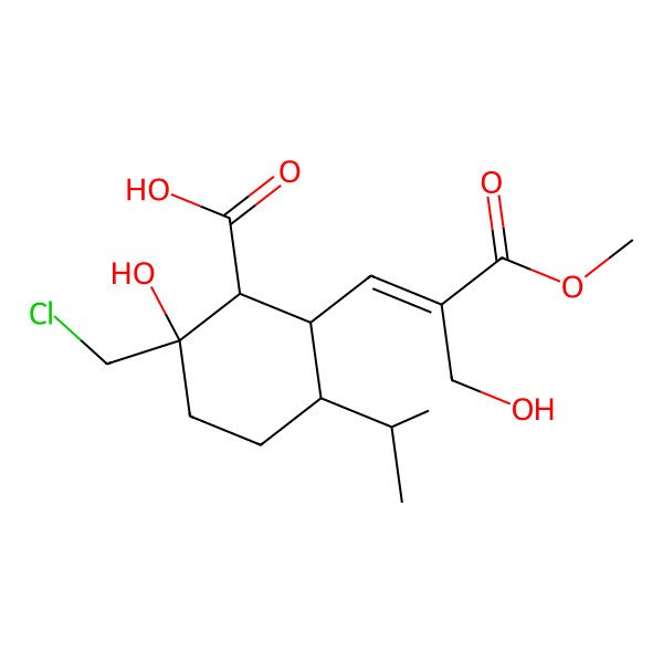 2D Structure of 2-(Chloromethyl)-2-hydroxy-6-[2-(hydroxymethyl)-3-methoxy-3-oxoprop-1-enyl]-5-propan-2-ylcyclohexane-1-carboxylic acid