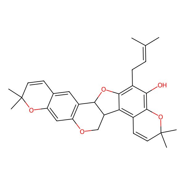 2D Structure of 7,7,19,19-Tetramethyl-23-(3-methylbut-2-enyl)-8,12,20,25-tetraoxahexacyclo[12.11.0.02,11.04,9.015,24.016,21]pentacosa-2(11),3,5,9,15,17,21,23-octaen-22-ol