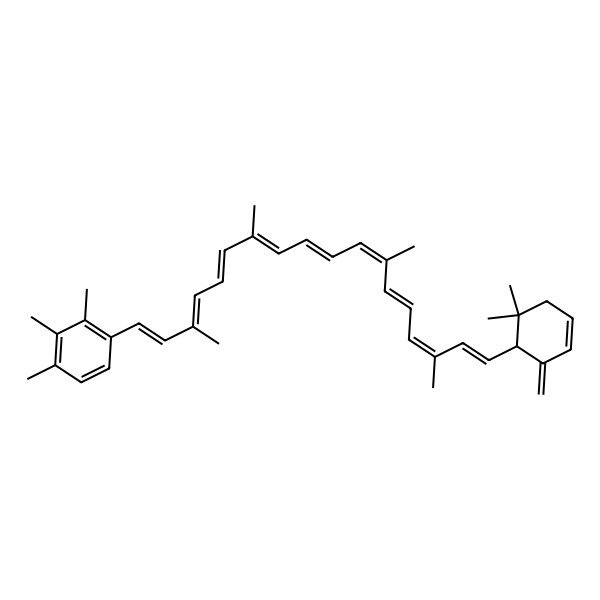 2D Structure of 1-[(1E,3E,5E,7E,9E,11E,13E,15E,17E)-18-[(1S)-6,6-dimethyl-2-methylidenecyclohex-3-en-1-yl]-3,7,12,16-tetramethyloctadeca-1,3,5,7,9,11,13,15,17-nonaenyl]-2,3,4-trimethylbenzene