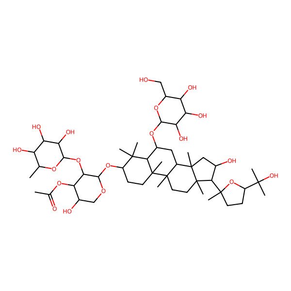2D Structure of [(2S,3R,4S,5R)-5-hydroxy-2-[[(3S,5R,6S,8R,9R,10S,13R,14S,16S,17R)-16-hydroxy-17-[(2R,5S)-5-(2-hydroxypropan-2-yl)-2-methyloxolan-2-yl]-4,4,9,10,13,14-hexamethyl-6-[(2R,3R,4S,5S,6R)-3,4,5-trihydroxy-6-(hydroxymethyl)oxan-2-yl]oxy-1,2,3,5,6,7,8,11,12,15,16,17-dodecahydrocyclopenta[a]phenanthren-3-yl]oxy]-3-[(2S,3R,4R,5R,6S)-3,4,5-trihydroxy-6-methyloxan-2-yl]oxyoxan-4-yl] acetate