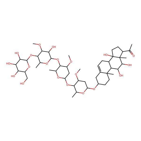 2D Structure of 1-[(3R,8S,9R,10R,11R,12R,13R,14R,17S)-11,12,14-trihydroxy-3-[(2R,4R,5R,6R)-5-[(2S,4R,5R,6R)-5-[(2R,3S,4S,5S,6S)-3-hydroxy-4-methoxy-6-methyl-5-[(2R,3S,4R,5R,6S)-3,4,5-trihydroxy-6-(hydroxymethyl)oxan-2-yl]oxyoxan-2-yl]oxy-4-methoxy-6-methyloxan-2-yl]oxy-4-methoxy-6-methyloxan-2-yl]oxy-10,13-dimethyl-1,2,3,4,7,8,9,11,12,15,16,17-dodecahydrocyclopenta[a]phenanthren-17-yl]ethanone