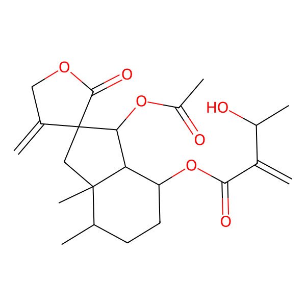 2D Structure of (3-acetyloxy-7,7a-dimethyl-4'-methylidene-2'-oxospiro[3,3a,4,5,6,7-hexahydro-1H-indene-2,3'-oxolane]-4-yl) 3-hydroxy-2-methylidenebutanoate
