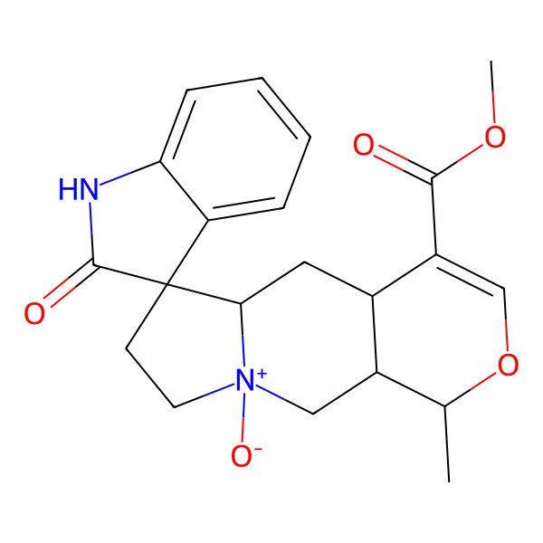 2D Structure of methyl (1S,4aS,5aS,6S,9S,10aR)-1-methyl-9-oxido-2'-oxospiro[1,4a,5,5a,7,8,10,10a-octahydropyrano[3,4-f]indolizin-9-ium-6,3'-1H-indole]-4-carboxylate