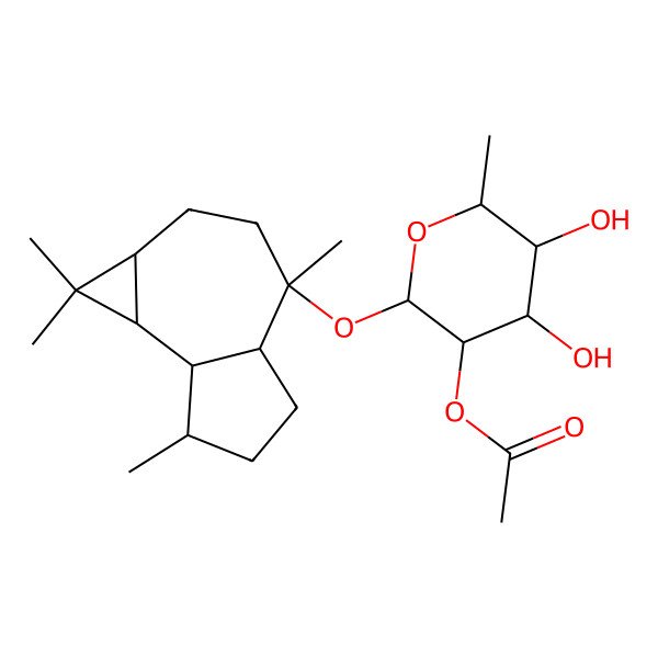 2D Structure of [(2S,3R,4S,5R,6R)-2-[[(1aR,4R,4aS,7R,7aS,7bS)-1,1,4,7-tetramethyl-2,3,4a,5,6,7,7a,7b-octahydro-1aH-cyclopropa[e]azulen-4-yl]oxy]-4,5-dihydroxy-6-methyloxan-3-yl] acetate