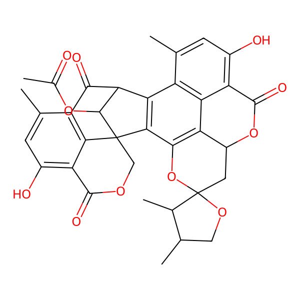 2D Structure of (8,18-Dihydroxy-3',4',10,16-tetramethyl-6,12,20-trioxospiro[5,21,25-trioxaoctacyclo[13.10.2.13,7.13,13.02,14.019,27.022,26.011,29]nonacosa-1(26),2(14),7,9,11(29),15(27),16,18-octaene-24,2'-oxolane]-28-yl) acetate
