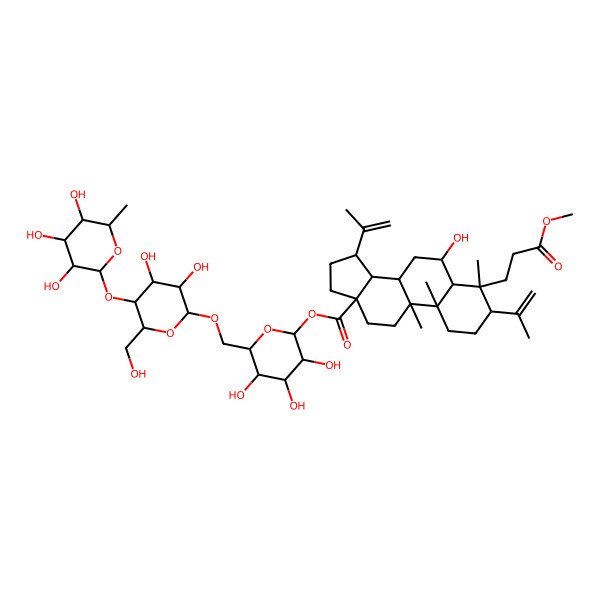 2D Structure of [6-[[3,4-dihydroxy-6-(hydroxymethyl)-5-(3,4,5-trihydroxy-6-methyloxan-2-yl)oxyoxan-2-yl]oxymethyl]-3,4,5-trihydroxyoxan-2-yl] 6-hydroxy-4-(3-methoxy-3-oxopropyl)-4,9,10-trimethyl-3,15-bis(prop-1-en-2-yl)-2,3,5,6,7,8,11,12,14,15,16,17-dodecahydro-1H-cyclopenta[a]phenanthrene-13-carboxylate