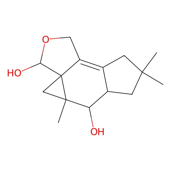 2D Structure of 3,7,7-Trimethyl-12-oxatetracyclo[8.3.0.01,3.05,9]tridec-9-ene-4,13-diol