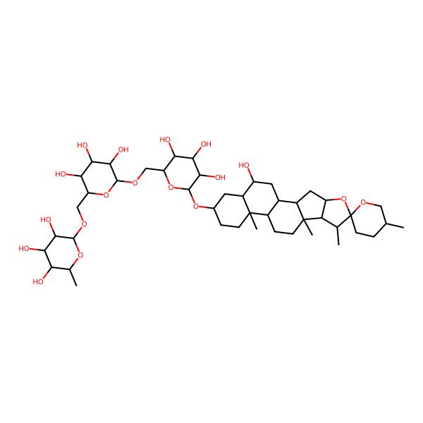2D Structure of (2R,3S,4S,5R,6R)-2-methyl-6-[[(2R,3S,4S,5R,6R)-3,4,5-trihydroxy-6-[[(2R,3S,4S,5R,6R)-3,4,5-trihydroxy-6-[(1R,2S,4S,5'R,6R,7S,8R,9S,12S,13R,16S,18S,19R)-19-hydroxy-5',7,9,13-tetramethylspiro[5-oxapentacyclo[10.8.0.02,9.04,8.013,18]icosane-6,2'-oxane]-16-yl]oxyoxan-2-yl]methoxy]oxan-2-yl]methoxy]oxane-3,4,5-triol