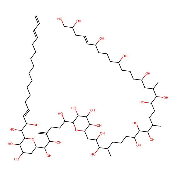 2D Structure of (E)-31-[6-[6-[6-[(3E,14E)-1,2-dihydroxyheptadeca-3,14,16-trienyl]-4,5-dihydroxyoxan-2-yl]-1,5,6-trihydroxy-4-methylidenehexyl]-3,4,5-trihydroxyoxan-2-yl]-16,21,28-trimethylhentriacont-4-ene-1,2,6,10,14,17,18,22,23,24,29,30-dodecol