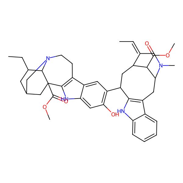2D Structure of methyl (1S,15S,17R,18R)-17-ethyl-7-[(1S,12S,14R,15Z,18S)-15-ethylidene-18-methoxycarbonyl-17-methyl-10,17-diazatetracyclo[12.3.1.03,11.04,9]octadeca-3(11),4,6,8-tetraen-12-yl]-6-hydroxy-3,13-diazapentacyclo[13.3.1.02,10.04,9.013,18]nonadeca-2(10),4,6,8-tetraene-1-carboxylate