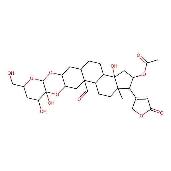 2D Structure of [14-formyl-9,10,22-trihydroxy-7-(hydroxymethyl)-18-methyl-19-(5-oxo-2H-furan-3-yl)-4,6,11-trioxahexacyclo[12.11.0.03,12.05,10.015,23.018,22]pentacosan-20-yl] acetate