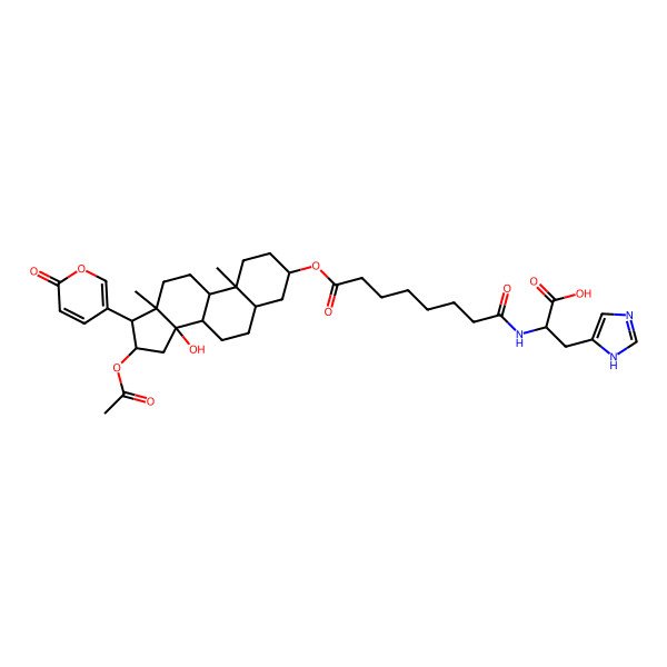 2D Structure of 2-[[8-[[16-acetyloxy-14-hydroxy-10,13-dimethyl-17-(6-oxopyran-3-yl)-1,2,3,4,5,6,7,8,9,11,12,15,16,17-tetradecahydrocyclopenta[a]phenanthren-3-yl]oxy]-8-oxooctanoyl]amino]-3-(1H-imidazol-5-yl)propanoic acid