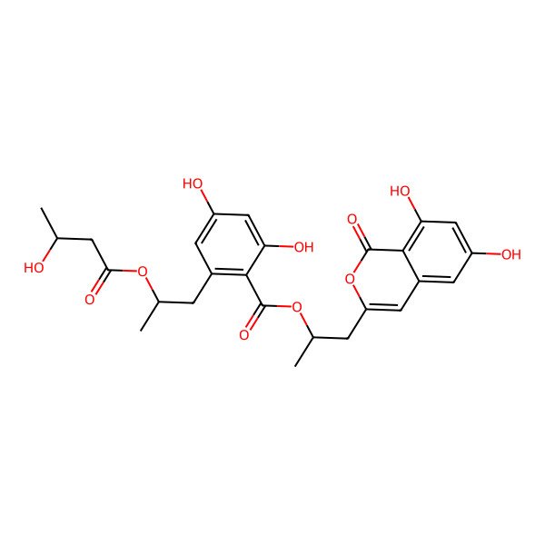 2D Structure of 1-(6,8-Dihydroxy-1-oxoisochromen-3-yl)propan-2-yl 2,4-dihydroxy-6-[2-(3-hydroxybutanoyloxy)propyl]benzoate