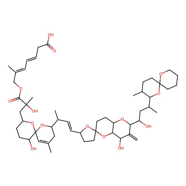 2D Structure of 7-[2-hydroxy-3-[11-hydroxy-2-[4-[4-hydroxy-2-[1-hydroxy-3-(3-methyl-1,7-dioxaspiro[5.5]undecan-2-yl)butyl]-3-methylidenespiro[4a,7,8,8a-tetrahydro-4H-pyrano[3,2-b]pyran-6,5'-oxolane]-2'-yl]but-3-en-2-yl]-4-methyl-1,7-dioxaspiro[5.5]undec-4-en-8-yl]-2-methylpropanoyl]oxy-6-methylhepta-3,5-dienoic acid