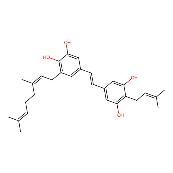 2D Structure of 5-[2-[3,5-Dihydroxy-4-(3-methylbut-2-enyl)phenyl]ethenyl]-3-(3,7-dimethylocta-2,6-dienyl)benzene-1,2-diol