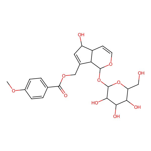 2D Structure of [5-Hydroxy-1-[3,4,5-trihydroxy-6-(hydroxymethyl)oxan-2-yl]oxy-1,4a,5,7a-tetrahydrocyclopenta[c]pyran-7-yl]methyl 4-methoxybenzoate
