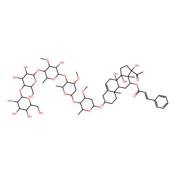 2D Structure of [(3S,8S,10R,12R,13S,14R,17S)-17-acetyl-3-[(2R,4R,5R)-5-[(2S,4R,5R)-5-[(2S,4R,5R)-5-[(2S,4R,5S)-3,4-dihydroxy-6-(hydroxymethyl)-5-[(2S,4S,5S)-3,4,5-trihydroxy-6-(hydroxymethyl)oxan-2-yl]oxyoxan-2-yl]oxy-3-hydroxy-4-methoxy-6-methyloxan-2-yl]oxy-4-methoxy-6-methyloxan-2-yl]oxy-4-methoxy-6-methyloxan-2-yl]oxy-8,14,17-trihydroxy-10,13-dimethyl-1,2,3,4,7,9,11,12,15,16-decahydrocyclopenta[a]phenanthren-12-yl] (E)-3-phenylprop-2-enoate