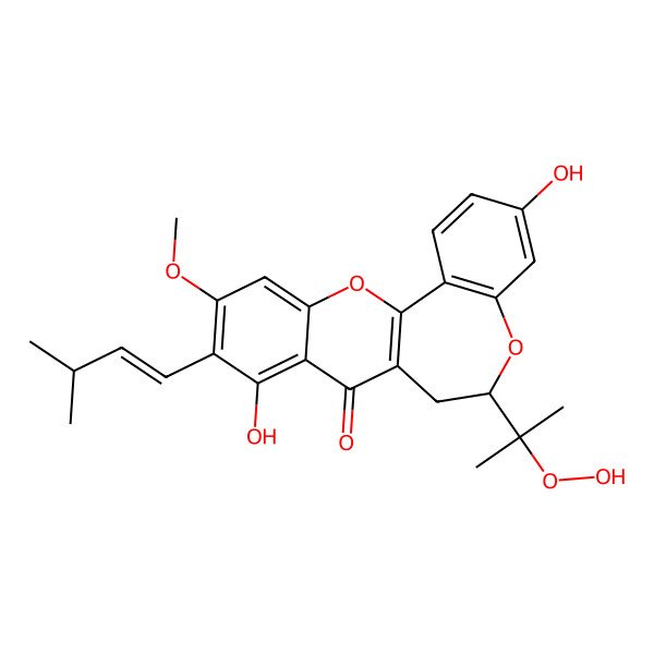 2D Structure of 6-(2-Hydroperoxypropan-2-yl)-3,9-dihydroxy-11-methoxy-10-(3-methylbut-1-enyl)-6,7-dihydrochromeno[3,2-d][1]benzoxepin-8-one