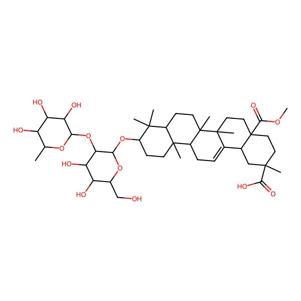 2D Structure of 10-[4,5-Dihydroxy-6-(hydroxymethyl)-3-(3,4,5-trihydroxy-6-methyloxan-2-yl)oxyoxan-2-yl]oxy-4a-methoxycarbonyl-2,6a,6b,9,9,12a-hexamethyl-1,3,4,5,6,6a,7,8,8a,10,11,12,13,14b-tetradecahydropicene-2-carboxylic acid