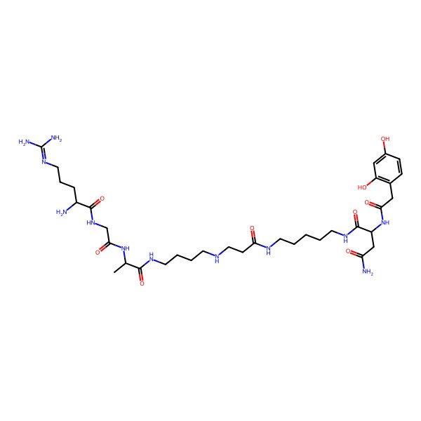 2D Structure of N-[5-[3-[4-[2-[[2-[[2-amino-5-(diaminomethylideneamino)pentanoyl]amino]acetyl]amino]propanoylamino]butylamino]propanoylamino]pentyl]-2-[[2-(2,4-dihydroxyphenyl)acetyl]amino]butanediamide