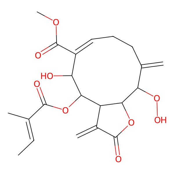 2D Structure of methyl 11-hydroperoxy-5-hydroxy-4-(2-methylbut-2-enoyloxy)-3,10-dimethylidene-2-oxo-4,5,8,9,11,11a-hexahydro-3aH-cyclodeca[b]furan-6-carboxylate