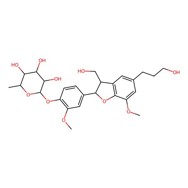 2D Structure of (2R,3R,4R,5R,6S)-2-[4-[(2R,3R)-3-(hydroxymethyl)-5-(3-hydroxypropyl)-7-methoxy-2,3-dihydro-1-benzofuran-2-yl]-2-methoxyphenoxy]-6-methyloxane-3,4,5-triol