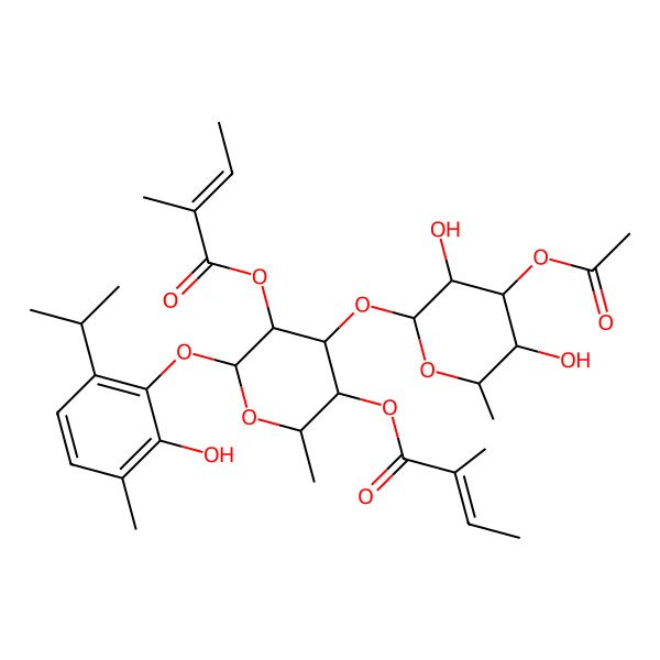 2D Structure of [4-(4-Acetyloxy-3,5-dihydroxy-6-methyloxan-2-yl)oxy-6-(2-hydroxy-3-methyl-6-propan-2-ylphenoxy)-2-methyl-5-(2-methylbut-2-enoyloxy)oxan-3-yl] 2-methylbut-2-enoate