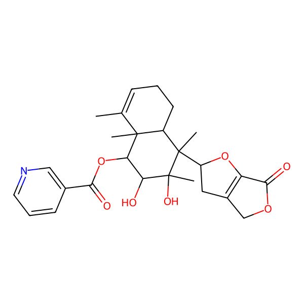 2D Structure of [(1S,2R,3S,4R,4aR,8aS)-2,3-dihydroxy-3,4,8,8a-tetramethyl-4-[(2S)-6-oxo-3,4-dihydro-2H-furo[2,3-c]furan-2-yl]-2,4a,5,6-tetrahydro-1H-naphthalen-1-yl] pyridine-3-carboxylate