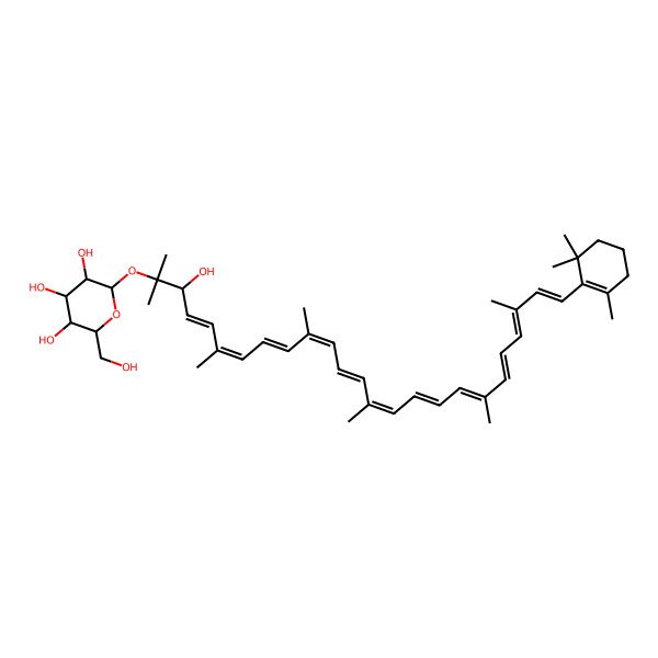 2D Structure of (2S,3R,4S,5S,6R)-2-[(3S,4E,6E,8E,10E,12E,14E,16E,18E,20E,22E,24E)-3-hydroxy-2,6,10,14,19,23-hexamethyl-25-(2,6,6-trimethylcyclohexen-1-yl)pentacosa-4,6,8,10,12,14,16,18,20,22,24-undecaen-2-yl]oxy-6-(hydroxymethyl)oxane-3,4,5-triol