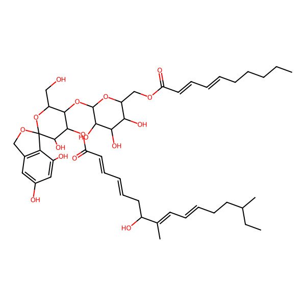 2D Structure of [(3S,3'R,4'S,5'S,6'S)-5'-[(2S,3R,4S,5R,6S)-6-[[(2E,4Z)-deca-2,4-dienoyl]oxymethyl]-3,4,5-trihydroxyoxan-2-yl]oxy-3',4,6-trihydroxy-6'-(hydroxymethyl)spiro[1H-2-benzofuran-3,2'-oxane]-4'-yl] (2Z,4E,7S,8E,10E,14S)-7-hydroxy-8,14-dimethylhexadeca-2,4,8,10-tetraenoate