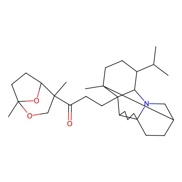 2D Structure of 1-[(1S,4S)-1,4-dimethyl-2,8-dioxabicyclo[3.2.1]octan-4-yl]-3-[(3R,7S,10R,13R)-1-methyl-14-propan-2-yl-12-azapentacyclo[8.6.0.02,13.03,7.07,12]hexadecan-2-yl]propan-1-one