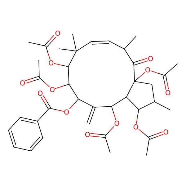 2D Structure of (1,3a,9,10,13-pentaacetyloxy-2,5,8,8-tetramethyl-12-methylidene-4-oxo-2,3,5,9,10,11,13,13a-octahydro-1H-cyclopenta[12]annulen-11-yl) benzoate