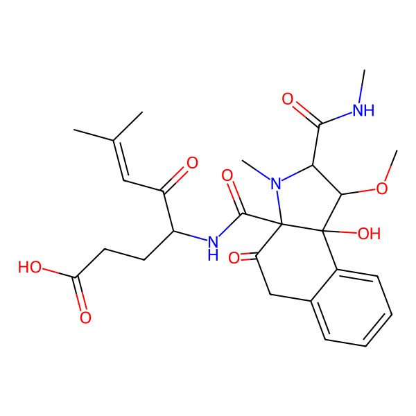 2D Structure of (4S)-4-[[(1S,2R,3aS)-9b-hydroxy-1-methoxy-3-methyl-2-(methylcarbamoyl)-4-oxo-2,5-dihydro-1H-benzo[e]indole-3a-carbonyl]amino]-7-methyl-5-oxooct-6-enoic acid