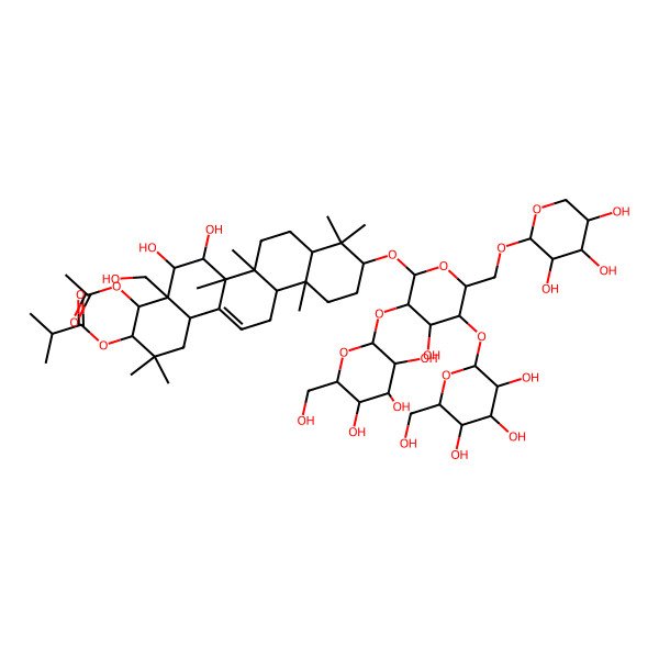 2D Structure of [4-Acetyloxy-5,6-dihydroxy-10-[4-hydroxy-3,5-bis[[3,4,5-trihydroxy-6-(hydroxymethyl)oxan-2-yl]oxy]-6-[(3,4,5-trihydroxyoxan-2-yl)oxymethyl]oxan-2-yl]oxy-4a-(hydroxymethyl)-2,2,6a,6b,9,9,12a-heptamethyl-1,3,4,5,6,6a,7,8,8a,10,11,12,13,14b-tetradecahydropicen-3-yl] 2-methylpropanoate