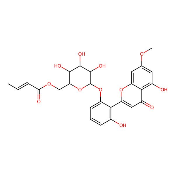 2D Structure of [3,4,5-Trihydroxy-6-[3-hydroxy-2-(5-hydroxy-7-methoxy-4-oxochromen-2-yl)phenoxy]oxan-2-yl]methyl but-2-enoate