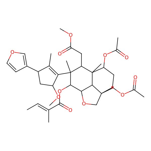 2D Structure of [5,7-Diacetyloxy-10-[3-(furan-3-yl)-5-methoxy-2-methylcyclopenten-1-yl]-9-(2-methoxy-2-oxoethyl)-4,8,10-trimethyl-2-oxatricyclo[6.3.1.04,12]dodecan-11-yl] 2-methylbut-2-enoate