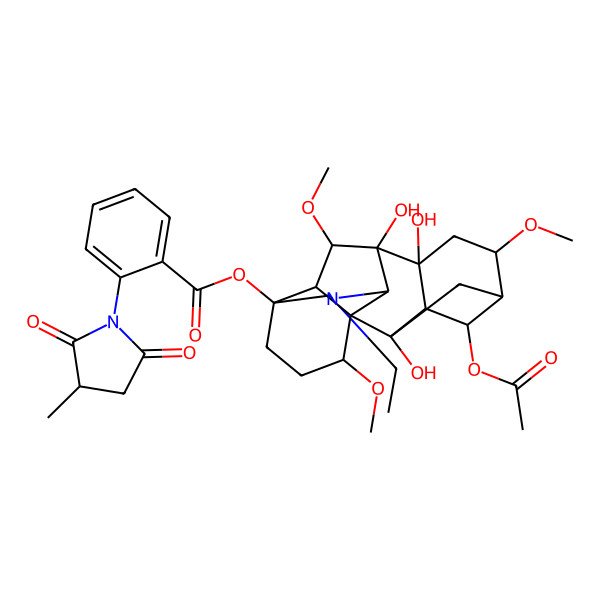 2D Structure of [(1R,2S,3S,4S,5R,6S,8R,9S,10S,13S,16S,17R,18S)-4-acetyloxy-11-ethyl-2,8,9-trihydroxy-6,16,18-trimethoxy-11-azahexacyclo[7.7.2.12,5.01,10.03,8.013,17]nonadecan-13-yl] 2-[(3S)-3-methyl-2,5-dioxopyrrolidin-1-yl]benzoate