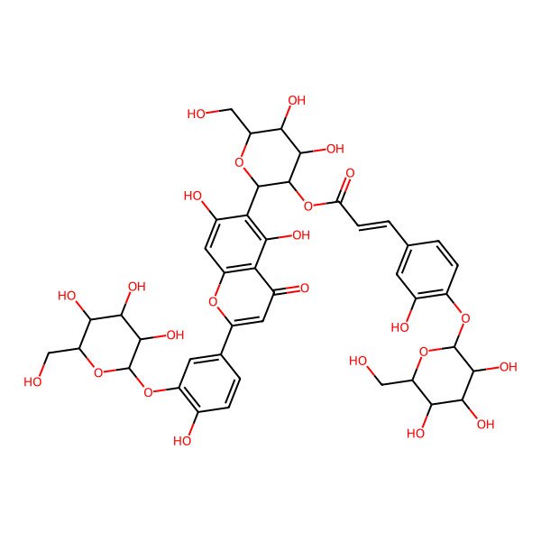 2D Structure of [(2S,3R,4S,5S,6R)-2-[5,7-dihydroxy-2-[4-hydroxy-3-[(2S,3R,4S,5S,6R)-3,4,5-trihydroxy-6-(hydroxymethyl)oxan-2-yl]oxyphenyl]-4-oxochromen-6-yl]-4,5-dihydroxy-6-(hydroxymethyl)oxan-3-yl] (E)-3-[3-hydroxy-4-[(2S,3R,4S,5S,6R)-3,4,5-trihydroxy-6-(hydroxymethyl)oxan-2-yl]oxyphenyl]prop-2-enoate