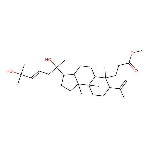 2D Structure of methyl 3-[(3S,3aR,5aR,6S,7S,9aR,9bR)-3-[(E,2S)-2,6-dihydroxy-6-methylhept-4-en-2-yl]-6,9a,9b-trimethyl-7-prop-1-en-2-yl-1,2,3,3a,4,5,5a,7,8,9-decahydrocyclopenta[a]naphthalen-6-yl]propanoate