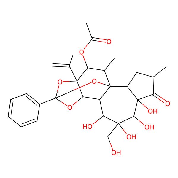 2D Structure of [(1R,2R,4R,6S,7R,8S,9R,10S,11R,13S,15S,16R,17R)-6,7,8,9-tetrahydroxy-8-(hydroxymethyl)-4,17-dimethyl-5-oxo-13-phenyl-15-prop-1-en-2-yl-12,14,18-trioxapentacyclo[11.4.1.01,10.02,6.011,15]octadecan-16-yl] acetate