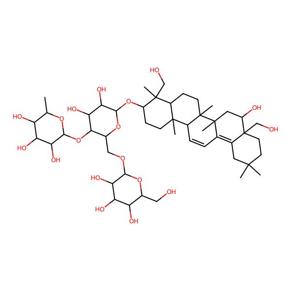 2D Structure of (2S,3R,4R,5R,6S)-2-[(2R,3S,4R,5R,6R)-4,5-dihydroxy-6-[[8-hydroxy-4,8a-bis(hydroxymethyl)-4,6a,6b,11,11,14b-hexamethyl-1,2,3,4a,5,6,7,8,9,10,12,14a-dodecahydropicen-3-yl]oxy]-2-[[(2R,3R,4S,5S,6R)-3,4,5-trihydroxy-6-(hydroxymethyl)oxan-2-yl]oxymethyl]oxan-3-yl]oxy-6-methyloxane-3,4,5-triol