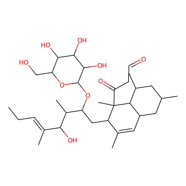 2D Structure of 3-[(1R,2S,6S,8R)-2-[(E,2S,3R,4S)-4-hydroxy-3,5-dimethyl-2-[(2R,3R,4S,5S,6R)-3,4,5-trihydroxy-6-(hydroxymethyl)oxan-2-yl]oxyoct-5-enyl]-1,3,6,8-tetramethyl-4a,5,6,7,8,8a-hexahydro-2H-naphthalen-1-yl]-3-oxopropanal