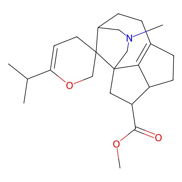 2D Structure of methyl (1'R,3S,5'S,11'R,12'R)-3'-methyl-6-propan-2-ylspiro[2,4-dihydropyran-3,15'-3-azatetracyclo[6.5.1.11,5.011,14]pentadec-8(14)-ene]-12'-carboxylate