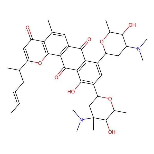 2D Structure of 10-[(2S,4R,5R,6S)-4-(dimethylamino)-5-hydroxy-4,6-dimethyloxan-2-yl]-8-[(2S,4S,5R,6S)-4-(dimethylamino)-5-hydroxy-6-methyloxan-2-yl]-2-[(E,2S)-hex-4-en-2-yl]-11-hydroxy-5-methylnaphtho[2,3-h]chromene-4,7,12-trione