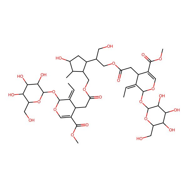 2D Structure of methyl (4S,5Z,6S)-5-ethylidene-4-[2-[[(1S,2R,3R,5R)-5-[(2R)-1-[2-[(2S,3Z,4S)-3-ethylidene-5-methoxycarbonyl-2-[(2S,3R,4S,5S,6R)-3,4,5-trihydroxy-6-(hydroxymethyl)oxan-2-yl]oxy-4H-pyran-4-yl]acetyl]oxy-3-hydroxypropan-2-yl]-3-hydroxy-2-methylcyclopentyl]methoxy]-2-oxoethyl]-6-[(2S,3R,4S,5S,6R)-3,4,5-trihydroxy-6-(hydroxymethyl)oxan-2-yl]oxy-4H-pyran-3-carboxylate
