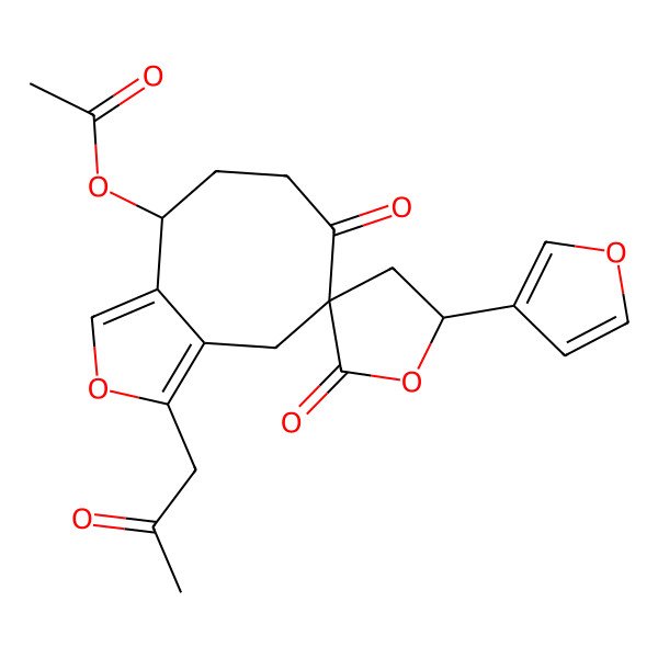 2D Structure of [(5S,5'S,9S)-5'-(furan-3-yl)-2',6-dioxo-3-(2-oxopropyl)spiro[4,7,8,9-tetrahydrocycloocta[c]furan-5,3'-oxolane]-9-yl] acetate