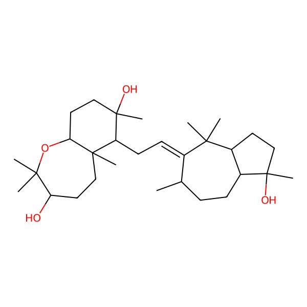 2D Structure of 6-[(2E)-2-(1-hydroxy-1,4,4,6-tetramethyl-3,3a,6,7,8,8a-hexahydro-2H-azulen-5-ylidene)ethyl]-2,2,5a,7-tetramethyl-4,5,6,8,9,9a-hexahydro-3H-benzo[b]oxepine-3,7-diol