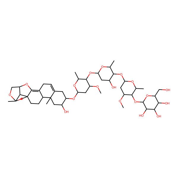 2D Structure of 2-[6-[4-Hydroxy-6-[6-[(7-hydroxy-5,19-dimethyl-15,18,20-trioxahexacyclo[14.5.1.01,14.04,13.05,10.019,22]docosa-10,13-dien-8-yl)oxy]-4-methoxy-2-methyloxan-3-yl]oxy-2-methyloxan-3-yl]oxy-4-methoxy-2-methyloxan-3-yl]oxy-6-(hydroxymethyl)oxane-3,4,5-triol