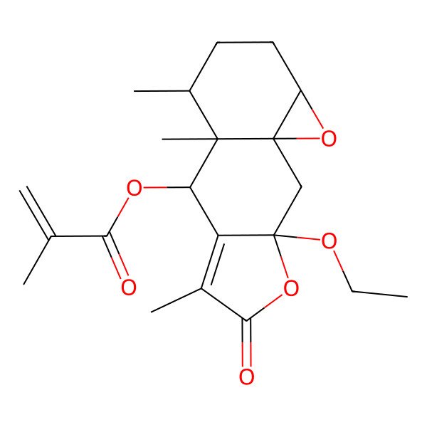 2D Structure of (3-Ethoxy-6,9,10-trimethyl-5-oxo-4,14-dioxatetracyclo[7.5.0.01,13.03,7]tetradec-6-en-8-yl) 2-methylprop-2-enoate