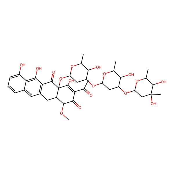 2D Structure of (1S,4aR,12aS)-3-acetyl-4a-[(2S,4R,5R,6R)-4-[(2S,4R,5S,6R)-4-[(2S,4S,5R,6R)-4,5-dihydroxy-4,6-dimethyloxan-2-yl]oxy-5-hydroxy-6-methyloxan-2-yl]oxy-5-hydroxy-6-methyloxan-2-yl]oxy-4,6,7-trihydroxy-1-methoxy-12,12a-dihydro-1H-tetracene-2,5-dione